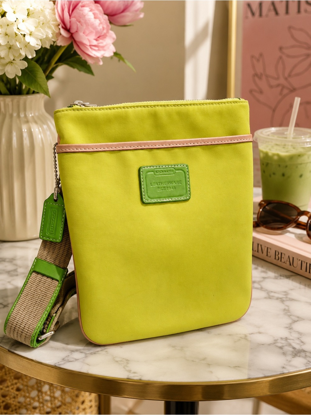 COACH Vintage Lime Green Nylon & Leather Trim Crossbody | Y2K
